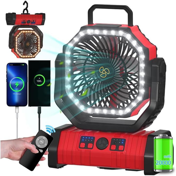 Adust Camping Portable Battery Operated Powered Fan with LED Lantern Light 20000mAh Rechargeable, Oscillating Fan with 360° Rotation Hanging Hook for Tents, Cordless USB Desk Fan(Red) - Image 1